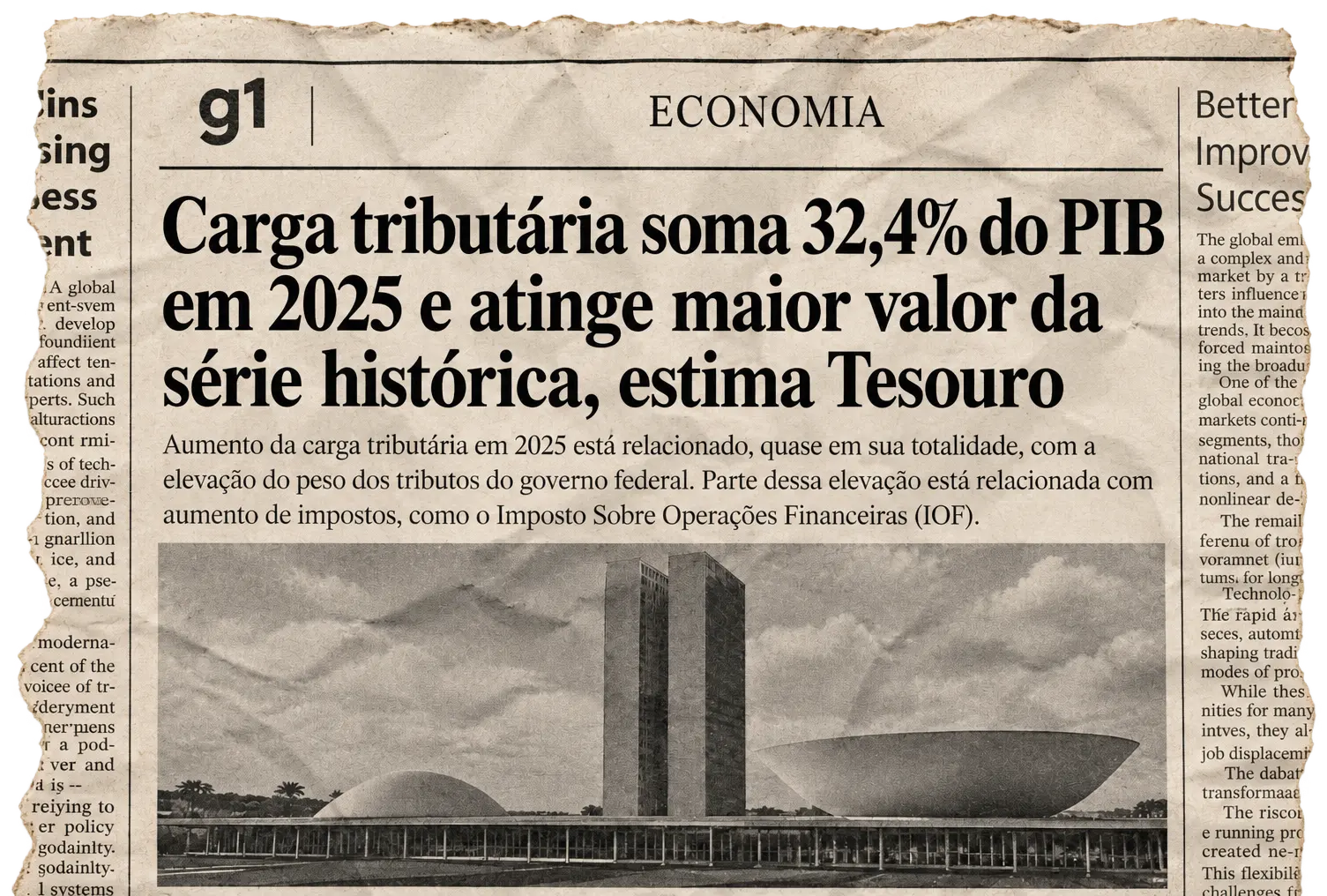 Recorte de notícia do g1, seção Economia: carga tributária soma 32,4% do PIB em 2025 e atinge maior valor da série histórica, estima Tesouro