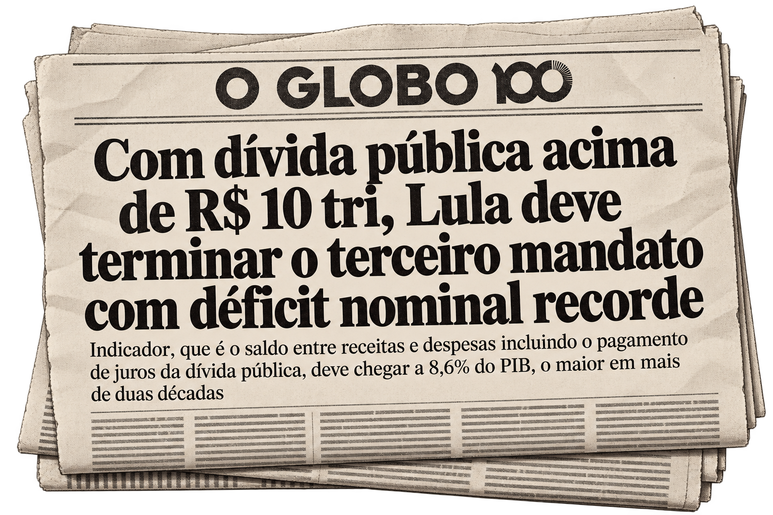 Capa do jornal O Globo: com dívida pública acima de R$ 10 tri, Lula deve terminar o terceiro mandato com déficit nominal recorde